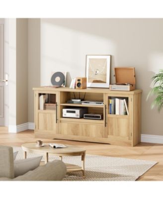 72" Farmhouse TV Stand, Entertainment Center with Wave Pattern, Glass Door Cabinets and Open Storage
