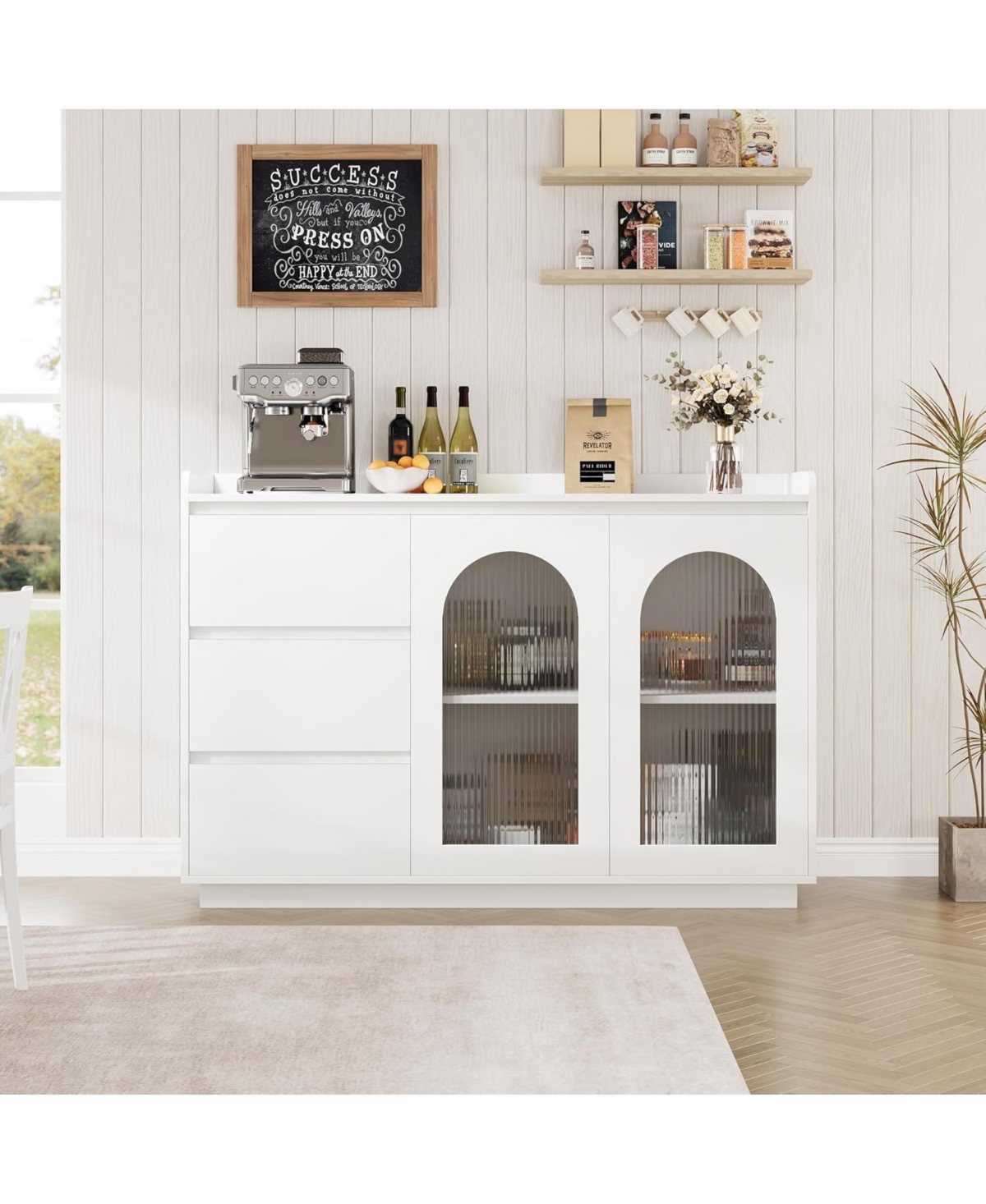 gaomon Sideboard Buffet Cabinet with Glass Door, Modern Storage Cabinet with Led Lights, Drawers and Adjustable Shelves