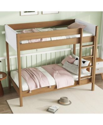 Upholstered Twin-over-Twin Bunk Bed with Ladder and Safety Rails