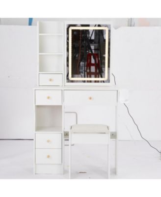 2-Piece Wood Vanity Table Set with Drawer, Cushioned Stool, LED Mirror, Power Outlets, Hairdryer Holder