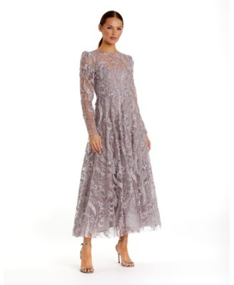 Women's Floral Embroidered High Neck Long Sleeve Dress