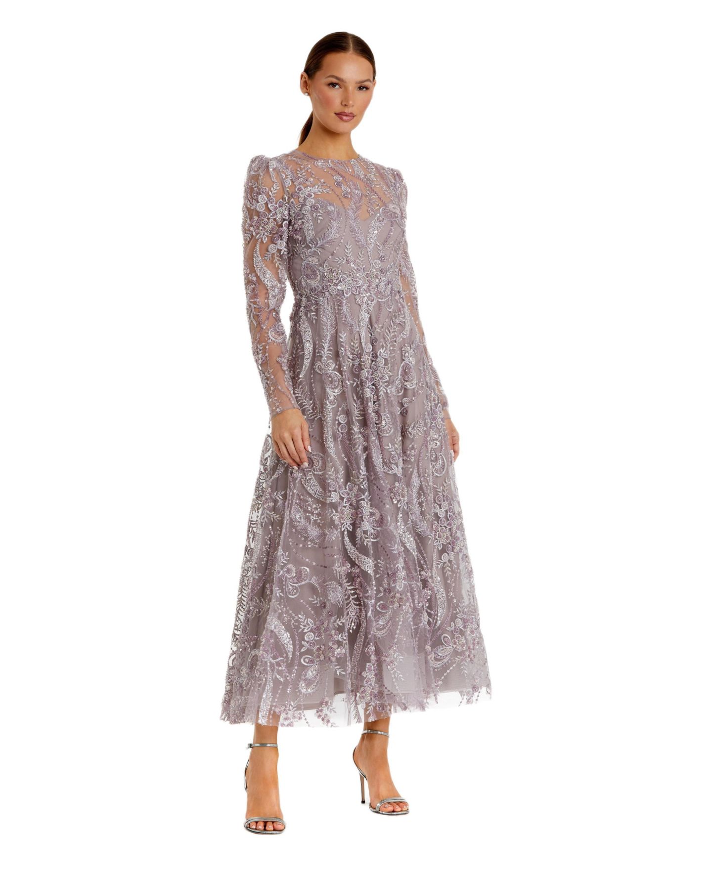 Женское платье Mac Duggal Floral Embroidered High Neck Long Sleeve, цвет: Розовато-лиловый — фото 1