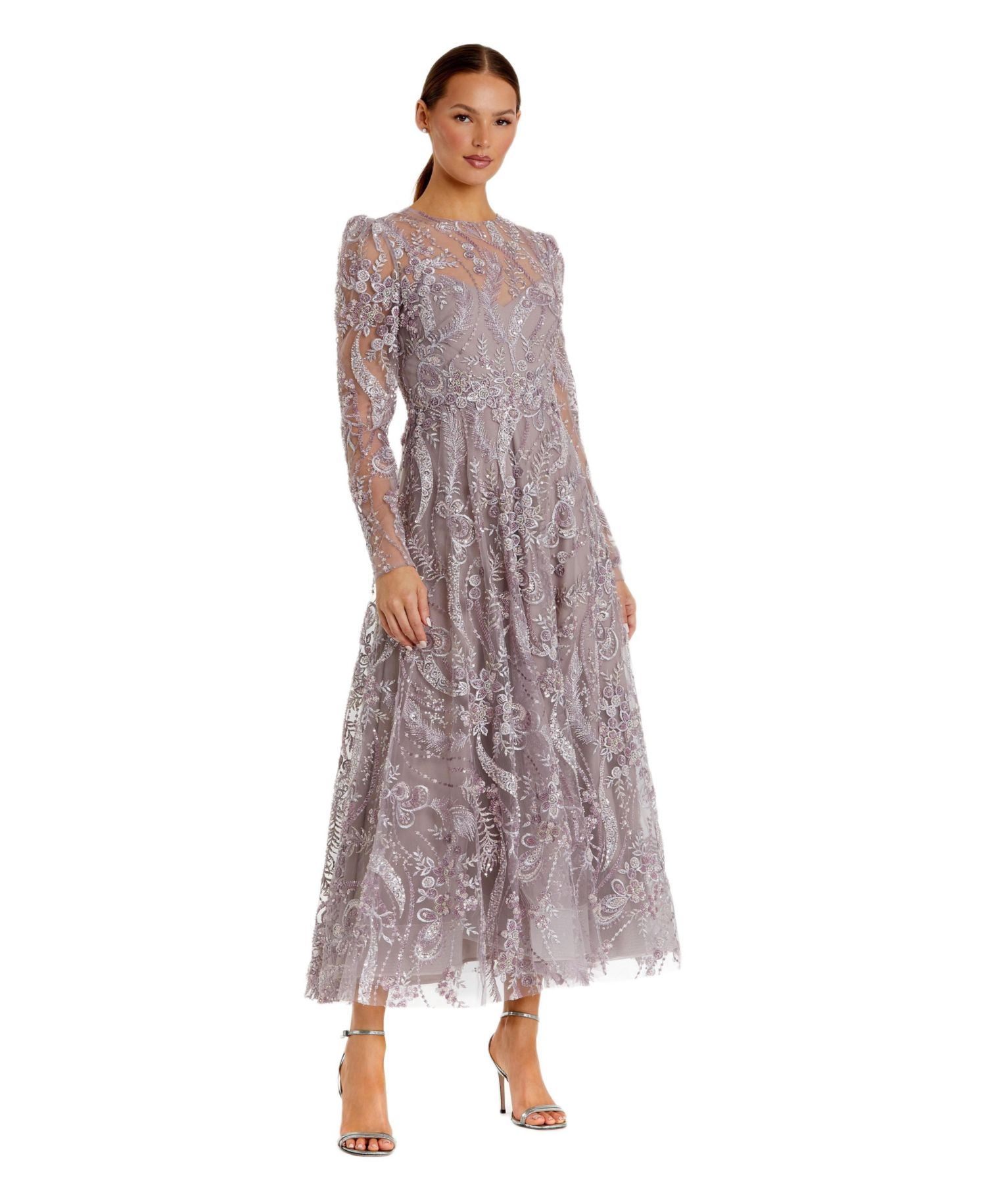 Women's Floral Embroidered High Neck Long Sleeve Dress