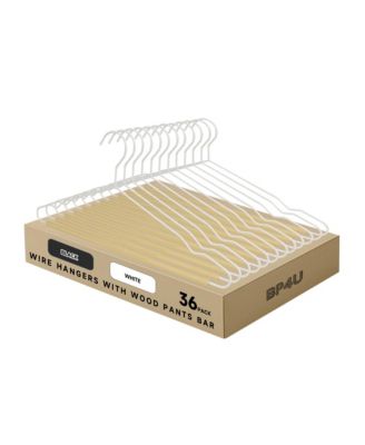 36-Pack Heavy Duty Metal Coat Hangers with Wooden Pants Bar, Reinforced Wire Hangers with Beech Wood Trouser Bar for Suits