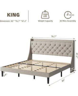 King Linen Upholstered Platform Bed Frame with Wingback Headboard Built-in Storage Shelf Power Outlets USB Ports Wood Slats Underbed Space