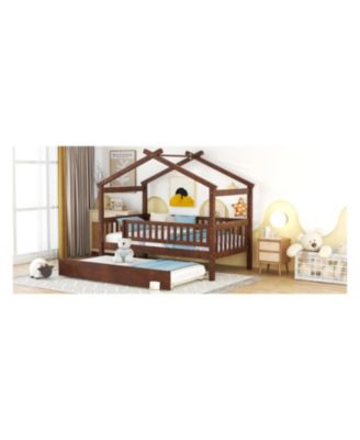 Twin Size Wooden House Bed With Twin Size Trundle