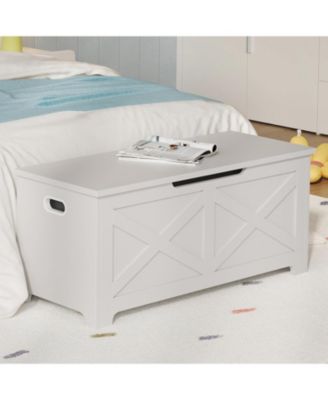 39.4" Wooden Storage Chest, Storage Bench with Safety Hinges for Entryway & Living Room, White