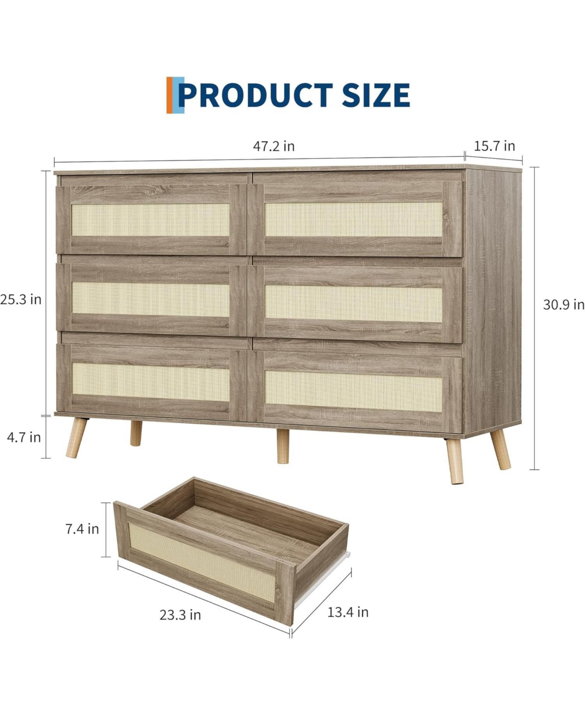 gaomon 6-Drawer Wooden Dresser for Bedroom, Wide Boho Chest of Drawers with Rattan Fronts