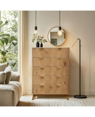 48" Tall 5-Drawer Fluted Dresser, Mid-Century Storage Chest for Bedroom and Entryway, Beige
