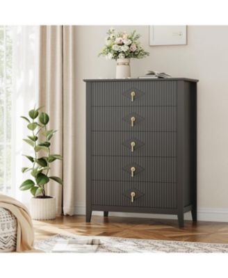 43" Tall Fluted Dresser, 5 Drawer Modern Wood Storage Chest for Living Room or Entryway, Black