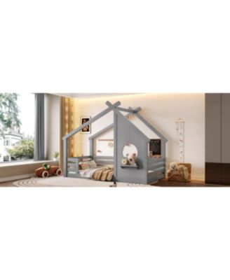 House Floor Bed with Window and Shelf, Solid Wood