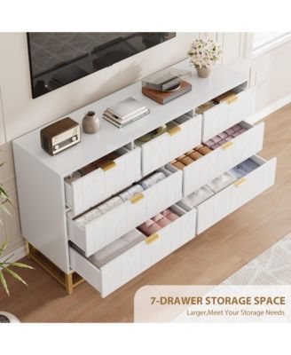 Modern Dresser for Bedroom, 53.5" Wide 7-Drawer Organizer with Golden Metal Handles and Legs, Stylish Chest of Drawers for Living Room