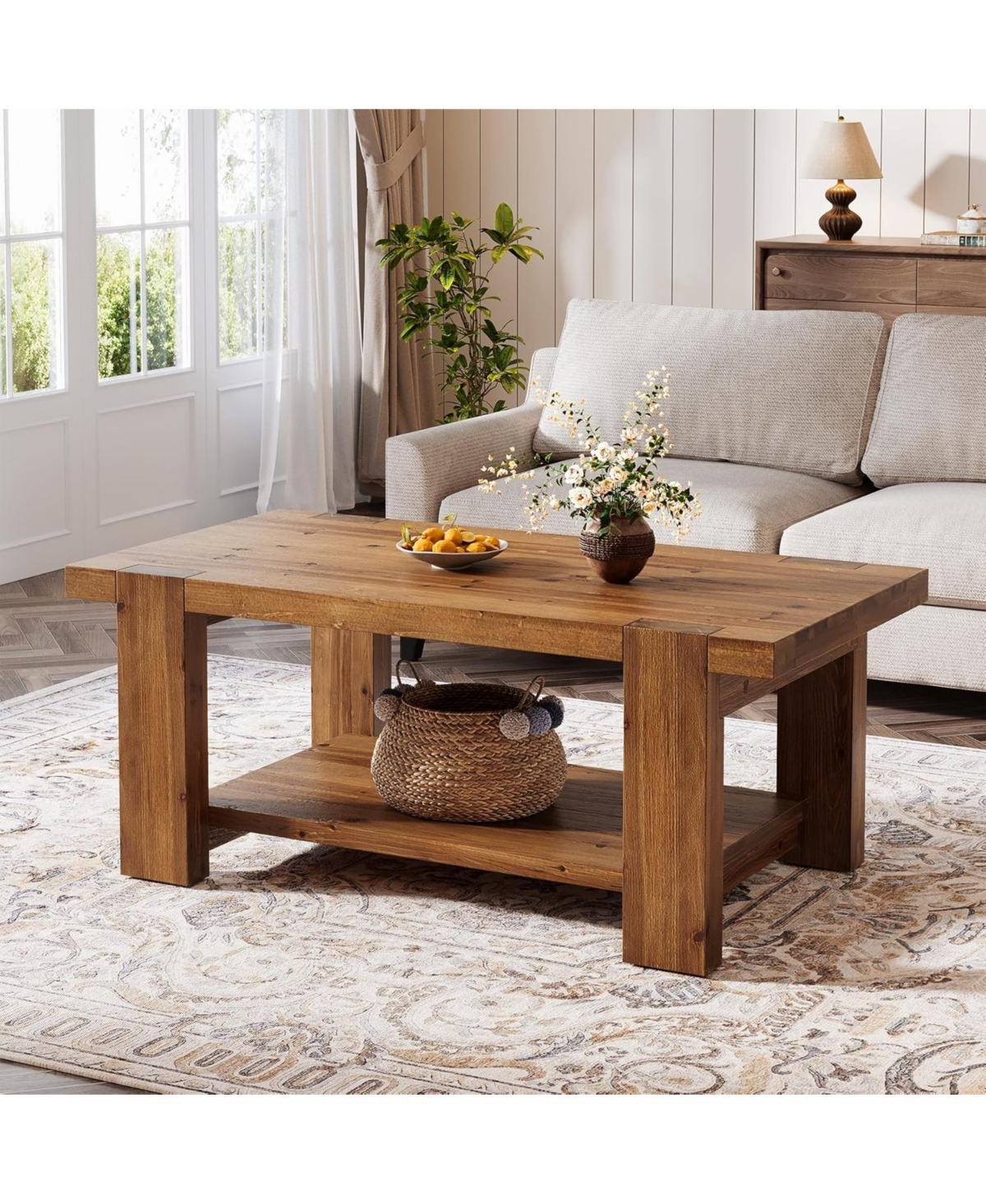 Tribesigns Solid Wood Coffee Table with 2-Tier Storage Shelf, 47.2" Farmhouse Rectangle Center Table Furniture for Living Room, Apartment, Office