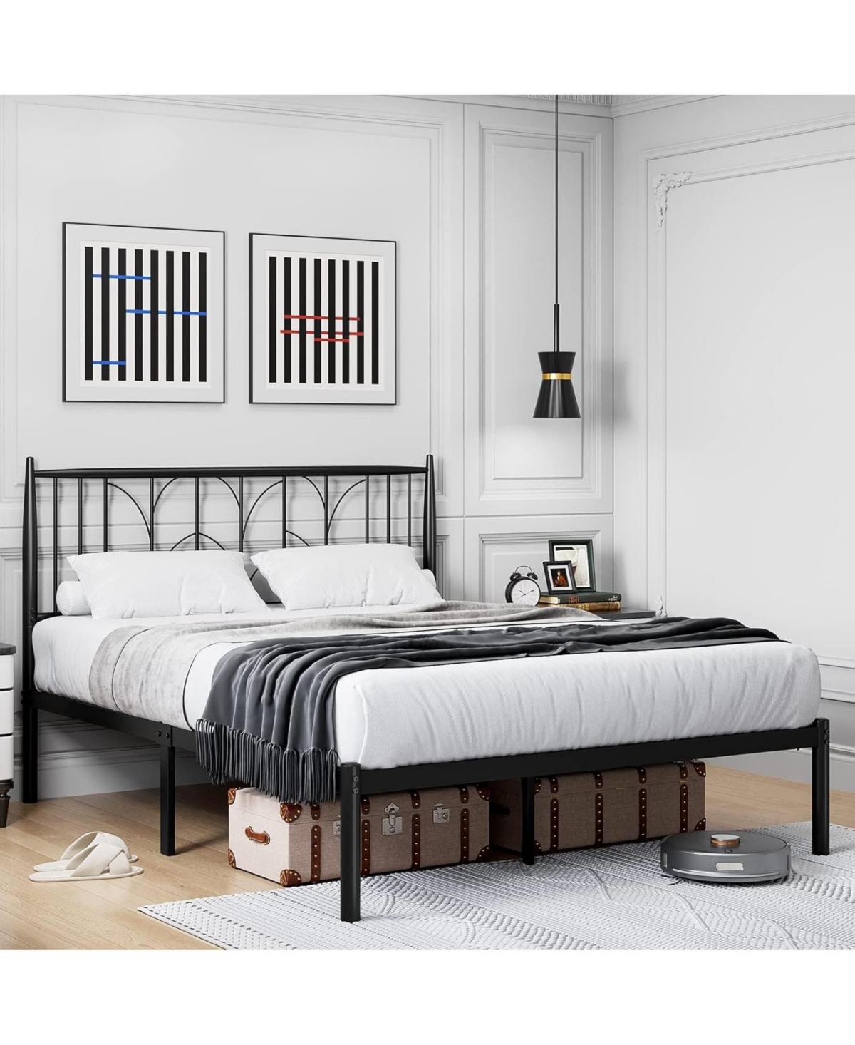 gaomon Bed Frame with Headboard, Metal Platform Bed Modern Mattress Foundation with Under Bed Storage, No Box Spring Needed