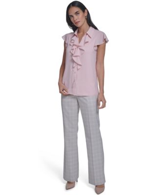 Women's Solid Cap-Sleeve Ruffle Front Top