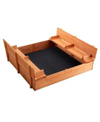 Wooden Sandbox, 52.4 x 47.2 x 16.9 in Sand Box, Sand Pit with Foldable Bench Seats and Bottom Liner