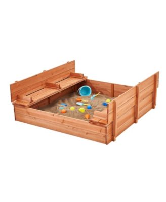 Wooden Sandbox, 52.4 x 47.2 x 16.9 in Sand Box, Sand Pit with Foldable Bench Seats and Bottom Liner