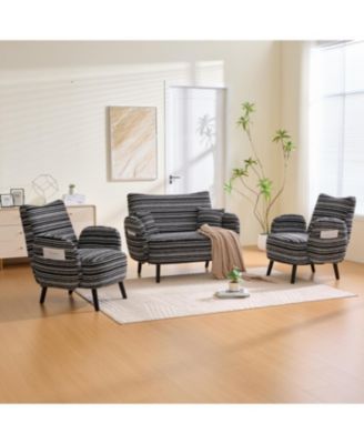 Modern two-seater sofa with armrests, pillows, and storage pockets