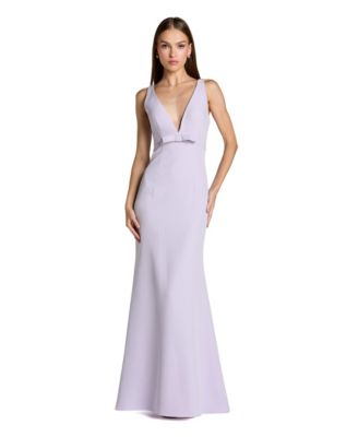 Women's Crepe Sleeveless V Neck Sheath Gown With Bow
