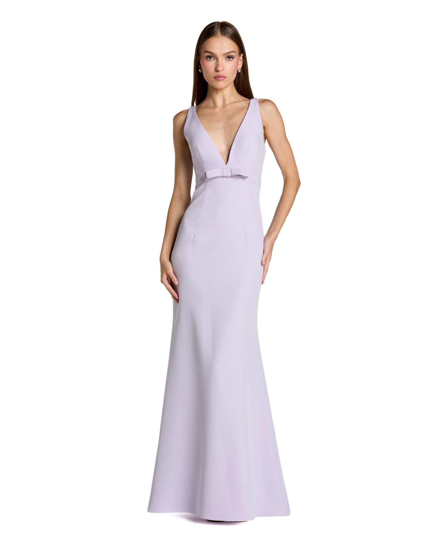 Women's Crepe Sleeveless V Neck Sheath Gown With Bow
