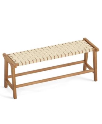 47" Teak Wood Patio Bench with Woven Seat and Solid Legs