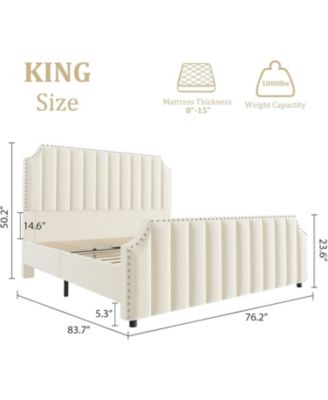Upholstered Bed Frame, Vertical Lines Platform Bed with Velvet Headboard & Footboard, Stylish Copper Nails, Metal Mattress Foundation