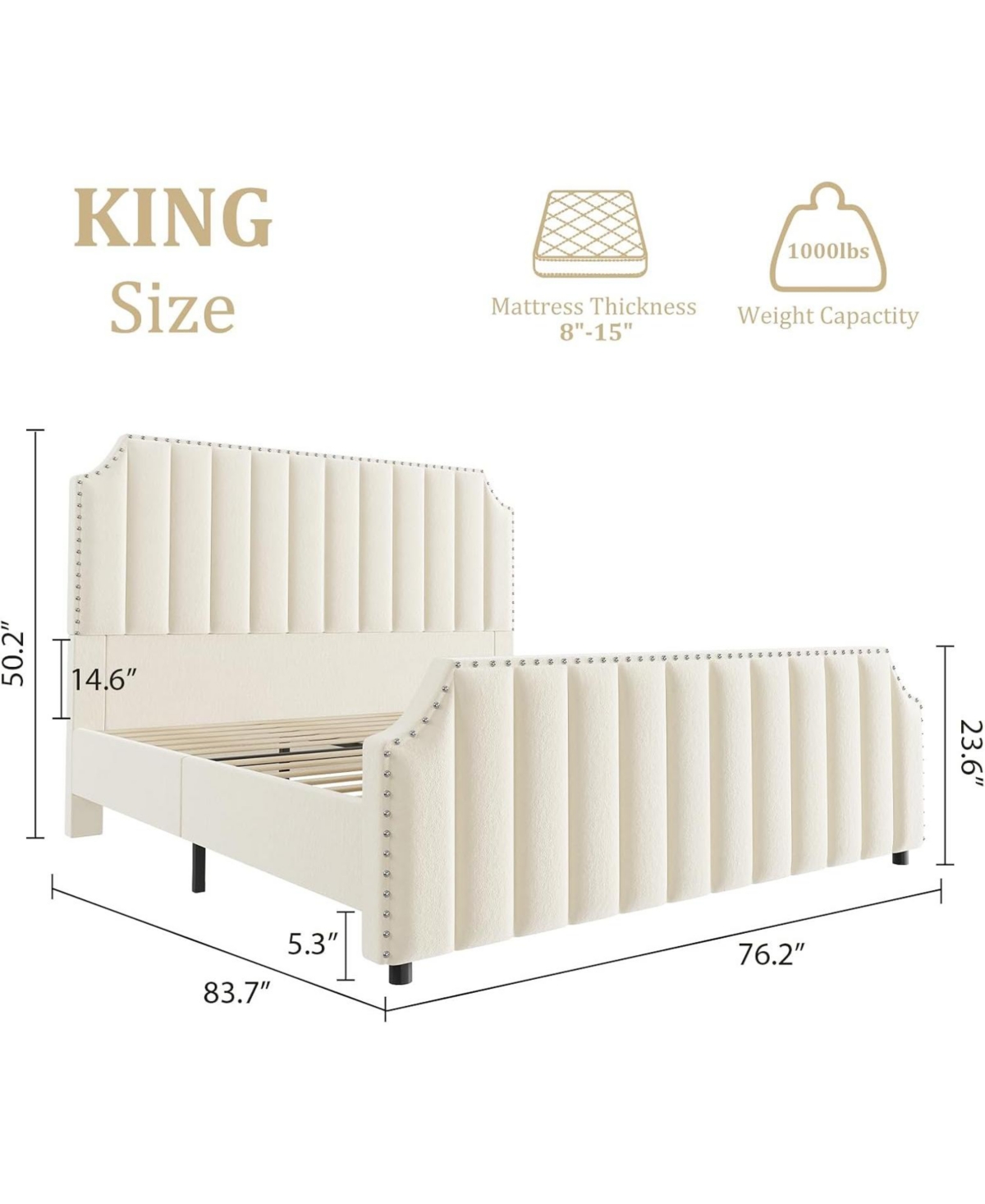 gaomon Upholstered Bed Frame, Vertical Lines Platform with Velvet Headboard & Footboard, Stylish Copper Nails, Metal Mattress Foundation