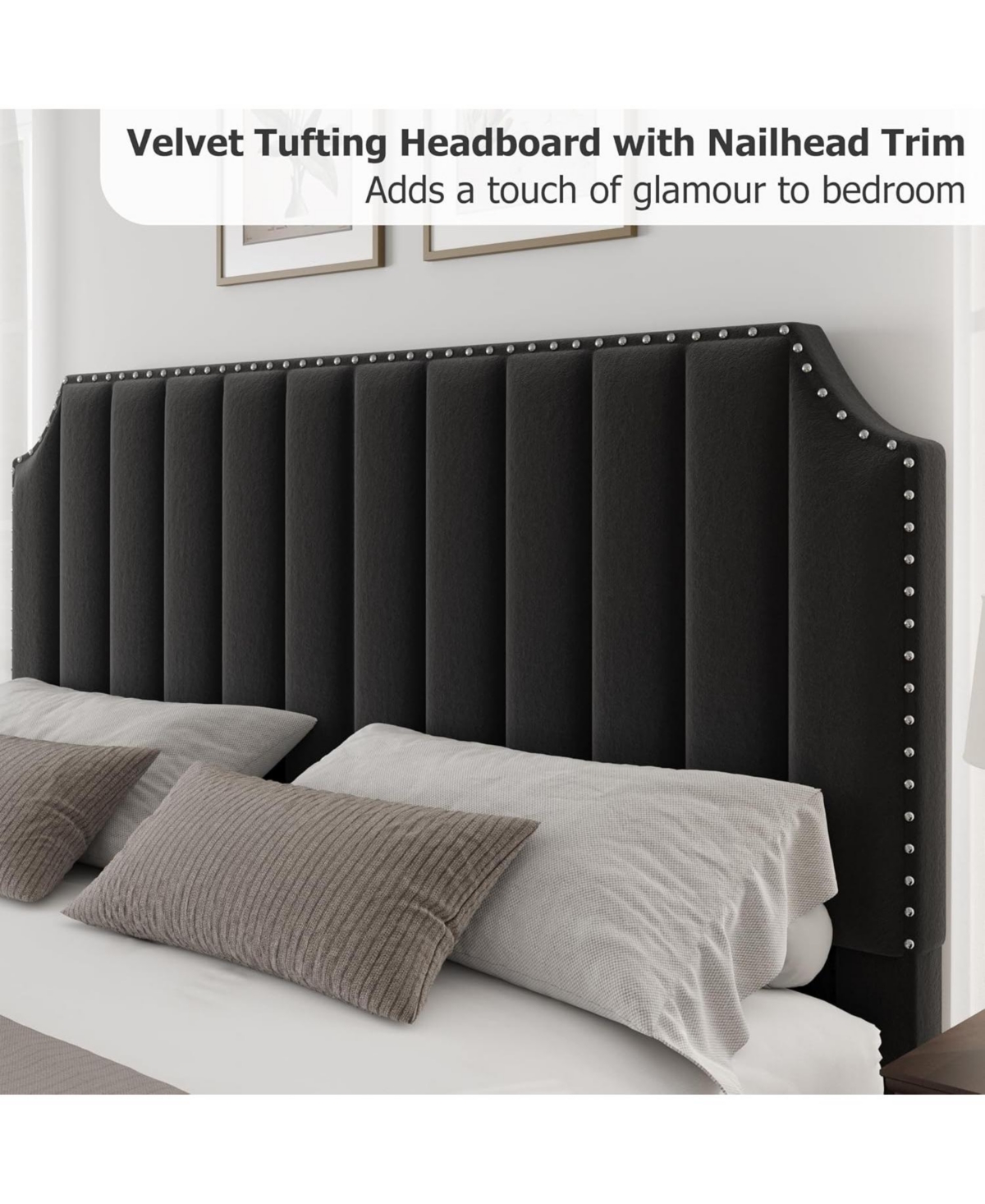 gaomon Upholstered Bed Frame, Vertical Lines Platform with Velvet Headboard & Footboard, Stylish Copper Nails, Metal Mattress Foundation