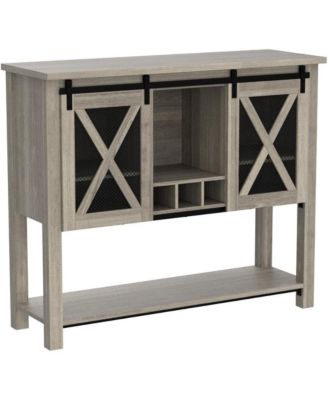 Farmhouse Coffee Bar Cabinet with Sliding Barn Doors, Wine Rack and Open Storage Shelf for Kitchen and Dining Room