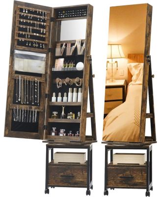 360° Swivel Jewelry Armoire with Storage Shelf and Drawer, 66" Full-Length Mirror Cabinet on Wheels