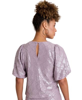 Women's Crew Neck Bubble Short-Sleeve Top and Fit & Flare Silhouette Pull-On Skirts