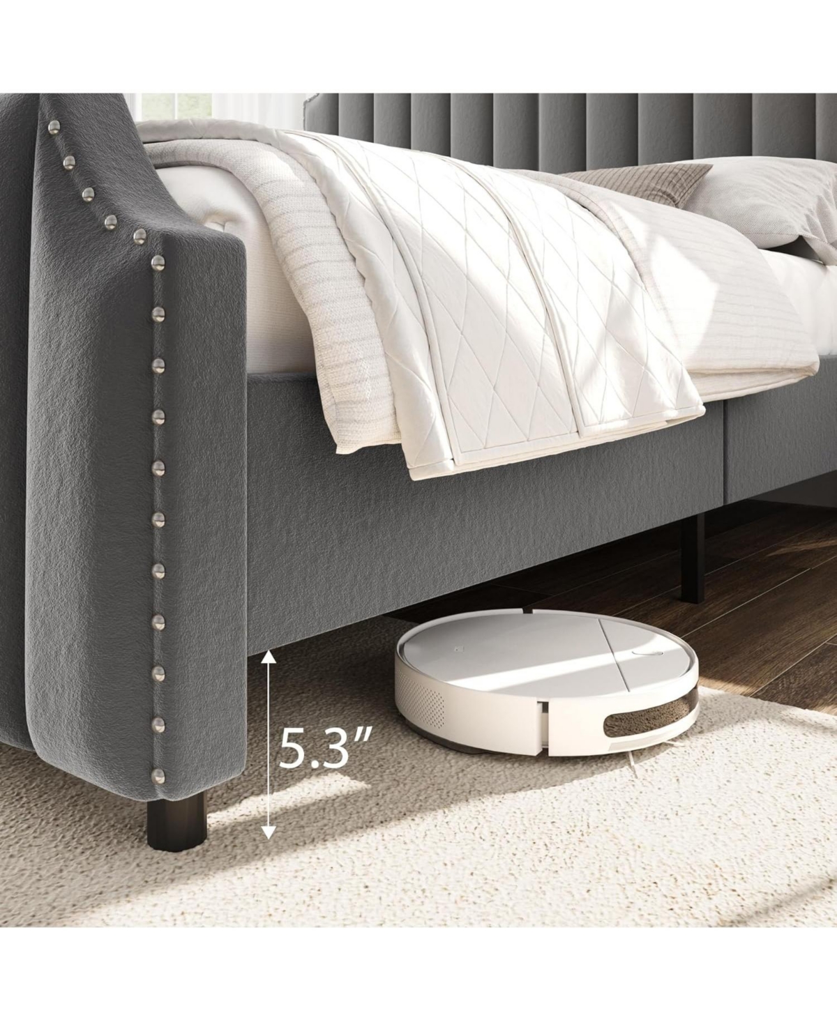 gaomon Upholstered Bed Frame, Vertical Lines Platform with Velvet Headboard & Footboard, Stylish Copper Nails, Metal Mattress Foundation
