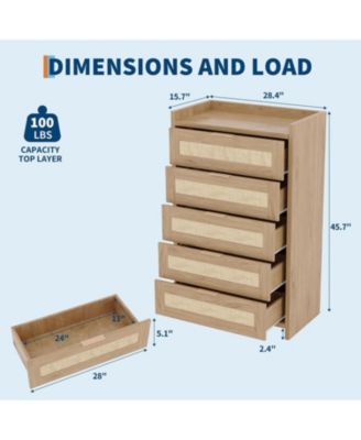 Rattan 5-Drawer Dresser for Bedroom, Boho Wooden Chest of Drawers with Large Storage