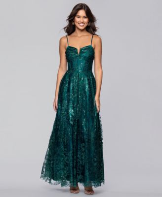 Juniors' Long Glitter V-Neck Lace-Up Back Ball Gown