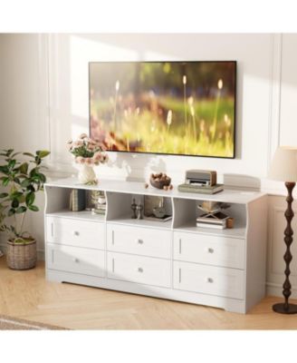 6-Drawer Slim Dresser for Bedroom, Wooden Chest with Power Outlets, LED Light & Open Shelf