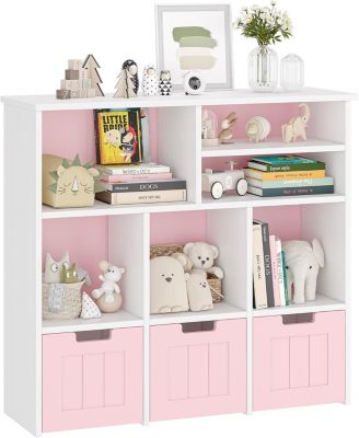 Toy Storage Cabinet with 3 Movable Drawers and 6 Cubes, Kids Bookshelf Organizer with Wheels