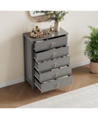 43" Tall Fluted Dresser, 5 Drawer Modern Wood Storage Chest for Living Room or Entryway