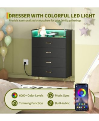 Tall 4-Drawer Dresser with RGB Lights & Charging Station, App-Controlled LED Wooden Chest for Bedroom, Black