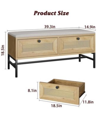 Entryway Collection Wooden Rattan Bench with Linen Cushion and Storage Drawer Shoe Bench