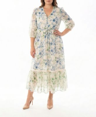 Plus Size 3/4-Length Sleeve Printed Maxi Shirt Dress
