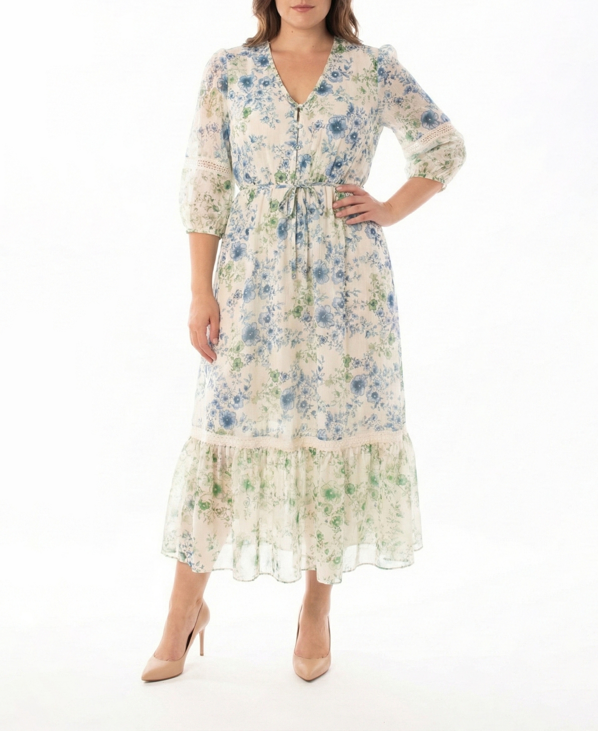 Taylor Plus 3/4-Length Sleeve Printed Maxi Shirt Dress