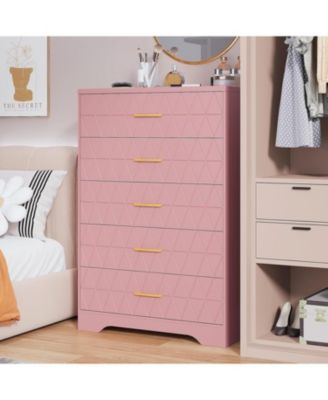 5-Drawer Tall Dresser for Bedroom, Wooden Chest of Drawers with Gold Handles for Closet Storage, Pink