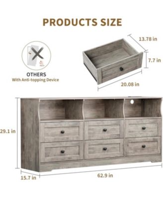 6-Drawer Slim Dresser for Bedroom, Wooden Chest with Power Outlets, LED Light & Open Shelf, Grey