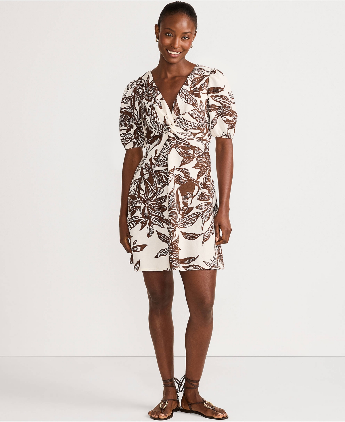 Lands' End Women's Linen Above the Knee Puff Sleeve Dress