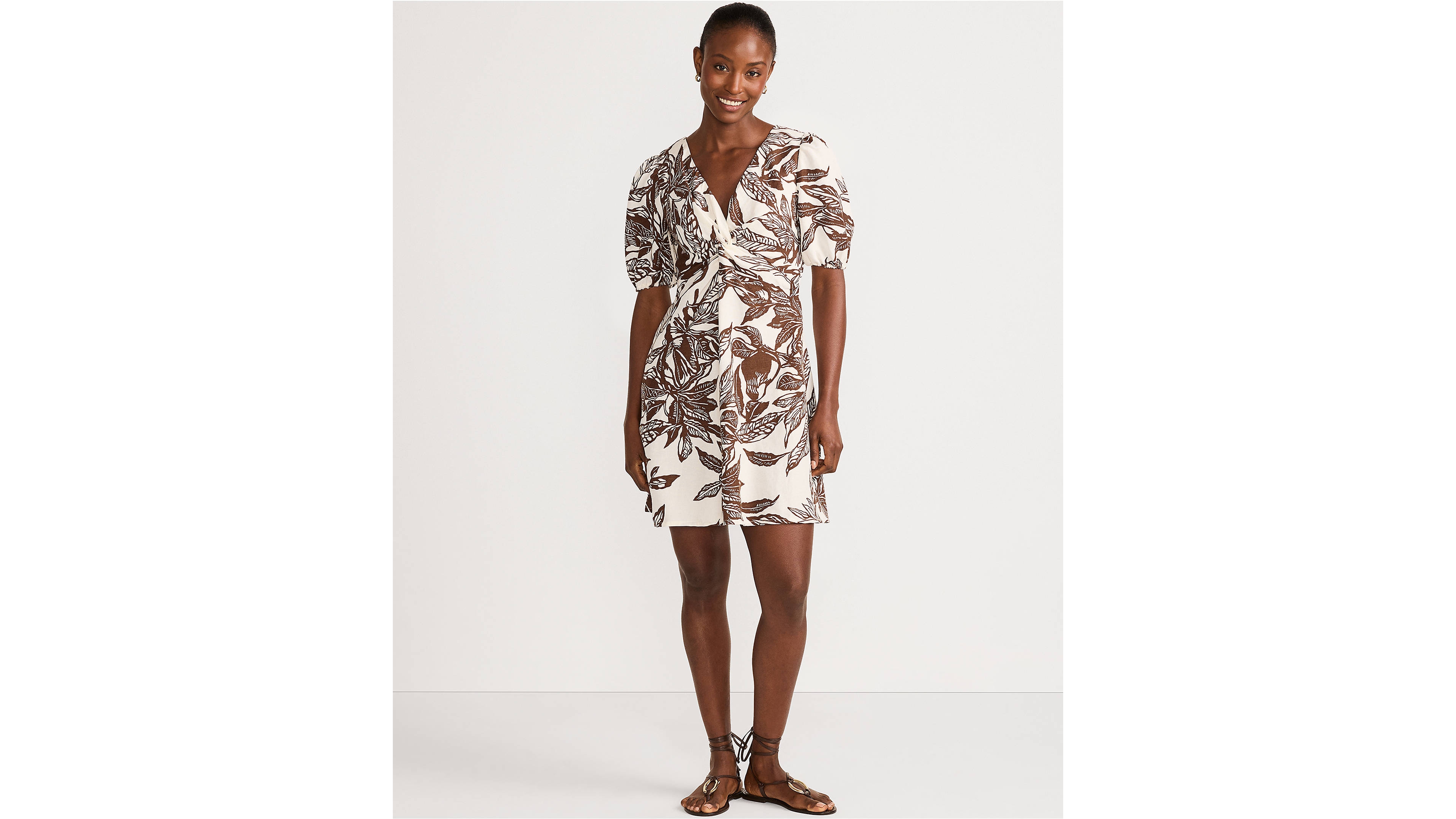 Lands' End Women's Linen Above the Knee Puff Sleeve Dress
