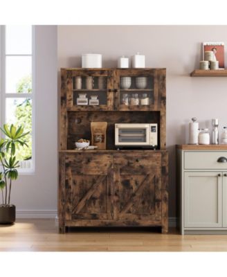 Kitchen Pantry Cabinet with Microwave Stand, Freestanding Hutch Storage Cupboard, Brown