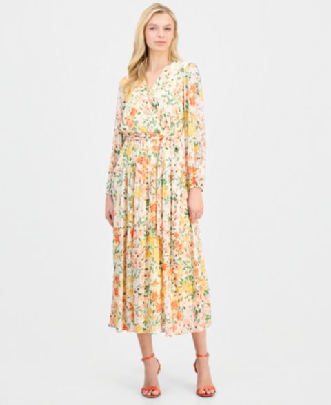 Женское платье Robbie Bee Pleated Tiered, цвет: Жёлтый / Коралловый