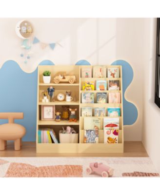  Kids Bookshelf & Toy Storage Organizer - 4 Tier Wooden Bookcase (Natural