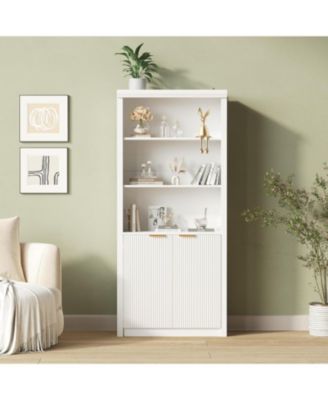 “5-Tier White Bookcase with Cabinet & Adjustable Shelf, Mid-Century Modern Design”