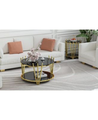  31.5" Modern Gold Coffee Table, Crown Legs, Black Tempered Glass